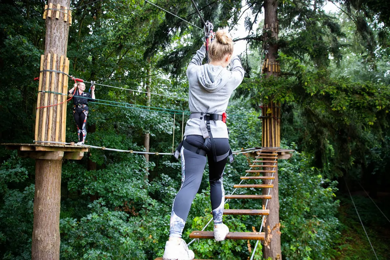 Woman ziplining through a woodland canopy course between wooden platforms in the trees.