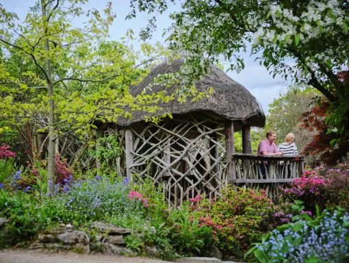 Thatched-roof timber shelter surrounded by flowering shrubs and trees in a garden setting with visitors on the deck.