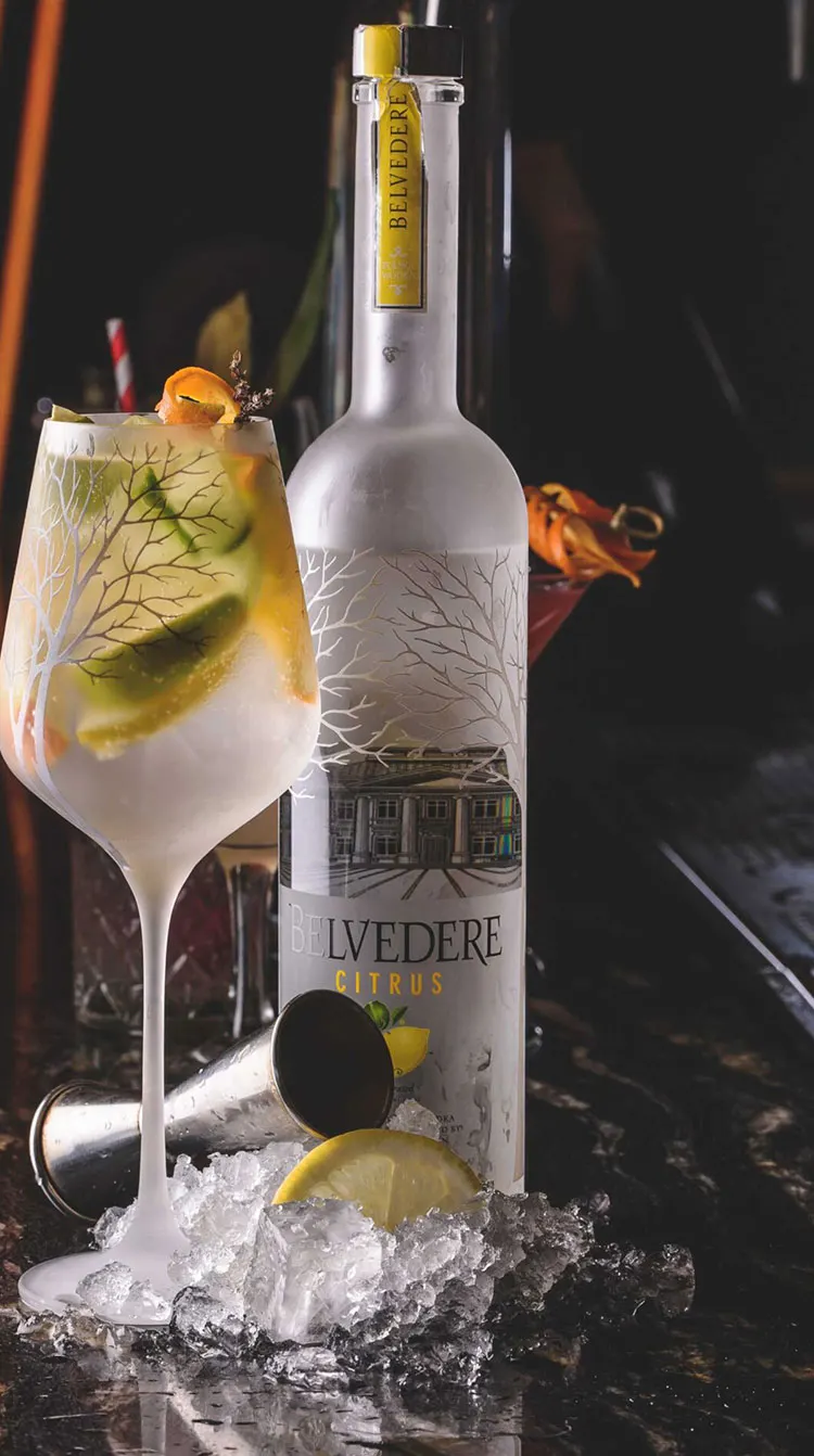 A bottle of Belvedere Citrus vodka surrounded by ice with a cocktail garnished with citrus and herbs.