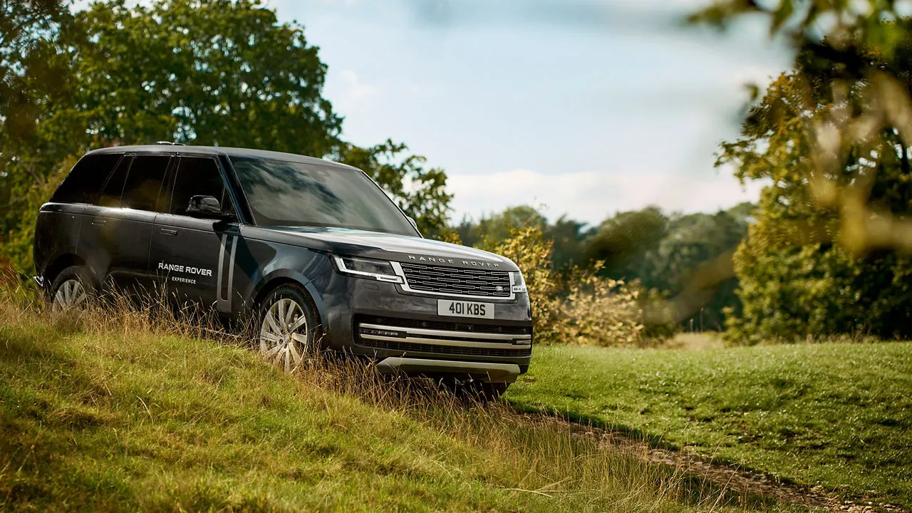 A dark grey Range Rover parked on rough grassland surrounded by trees and vegetation.