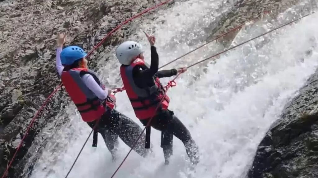 Two people ice climbing a frozen waterfall on a rocky gorge face.