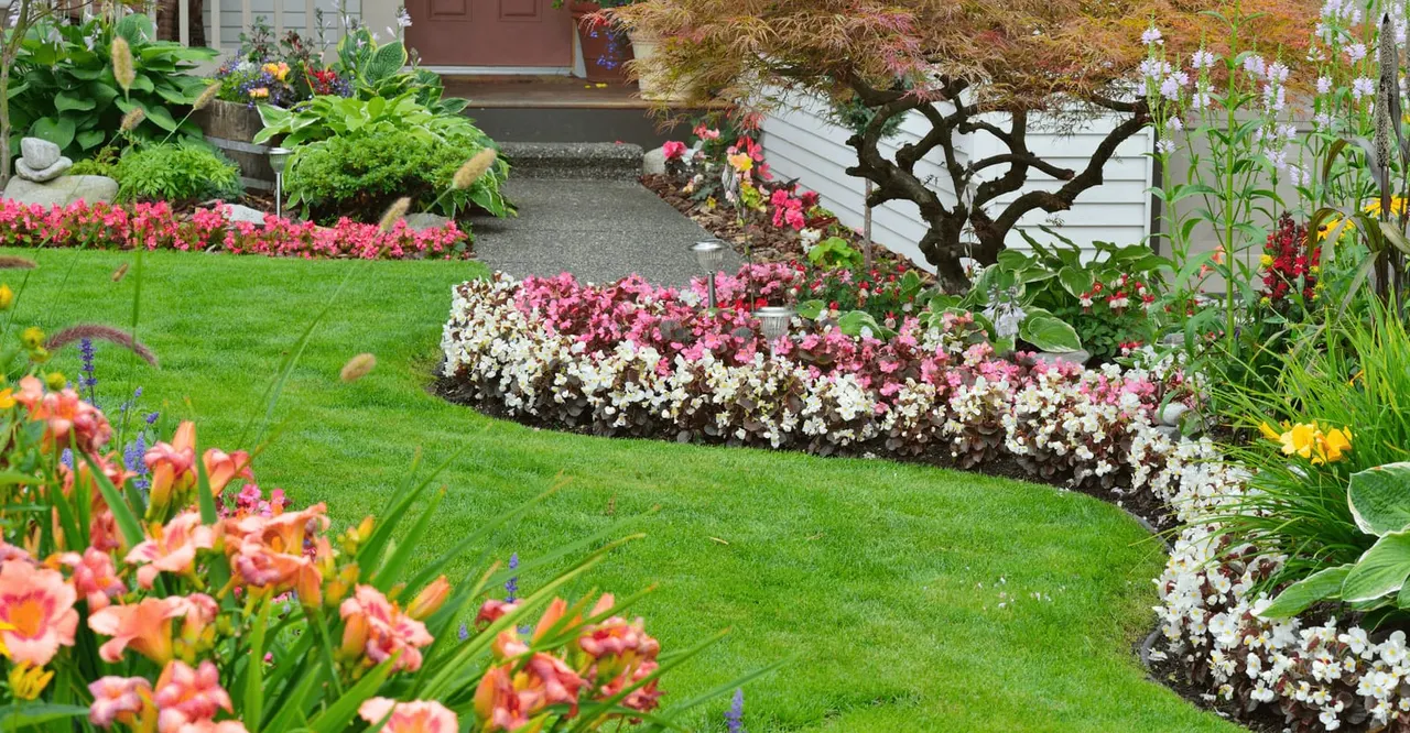 Well-maintained garden with colourful flower borders, manicured lawn, shaped trees and house entrance visible in background.