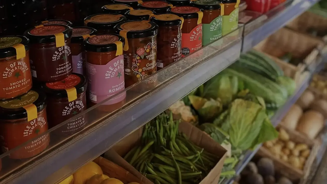 Jars of tomato-based products on a shelf above fresh green beans and other vegetables in a farm shop display.