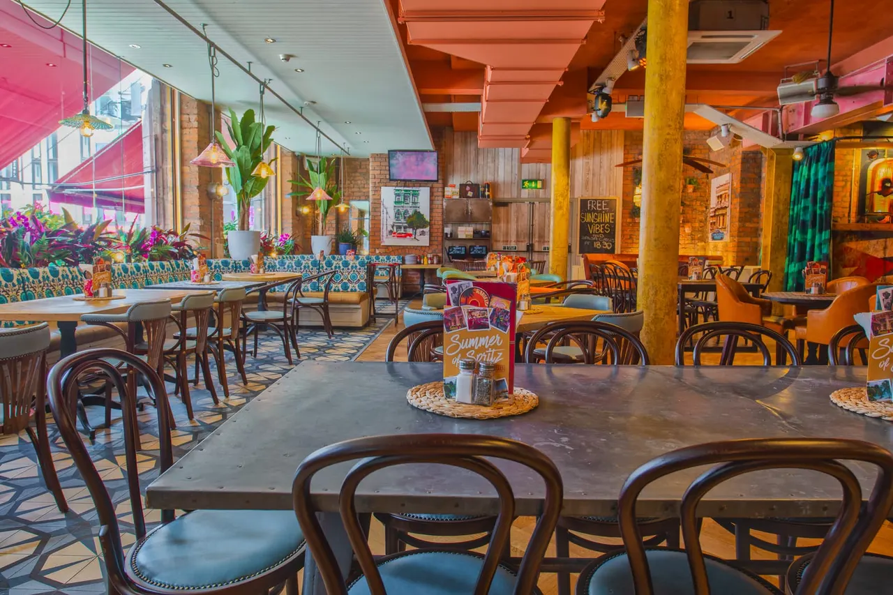 Vibrant interior of a colourful restaurant with orange and pink décor, dining tables, bentwood chairs, potted plants and large windows.