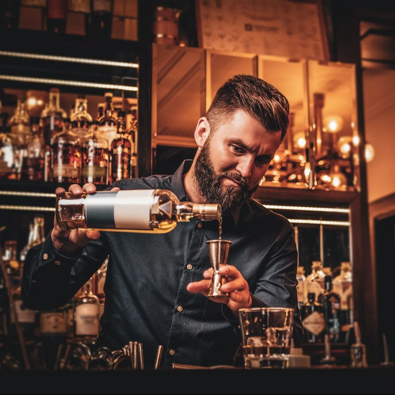 Bartender pouring a drink behind a bar with illuminated shelves of bottles in the background.