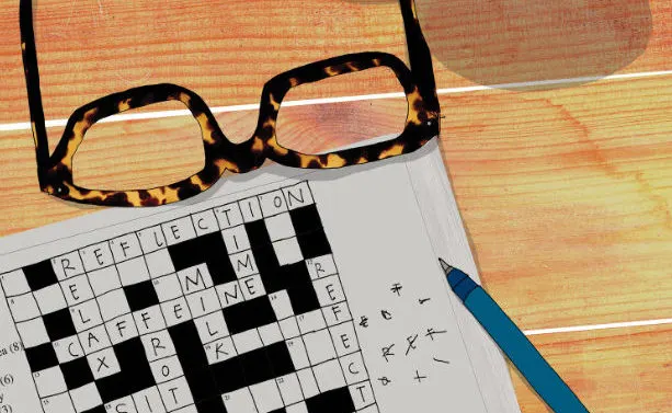 Tortoiseshell-framed glasses resting on a crossword puzzle with a blue pen on a wooden surface.