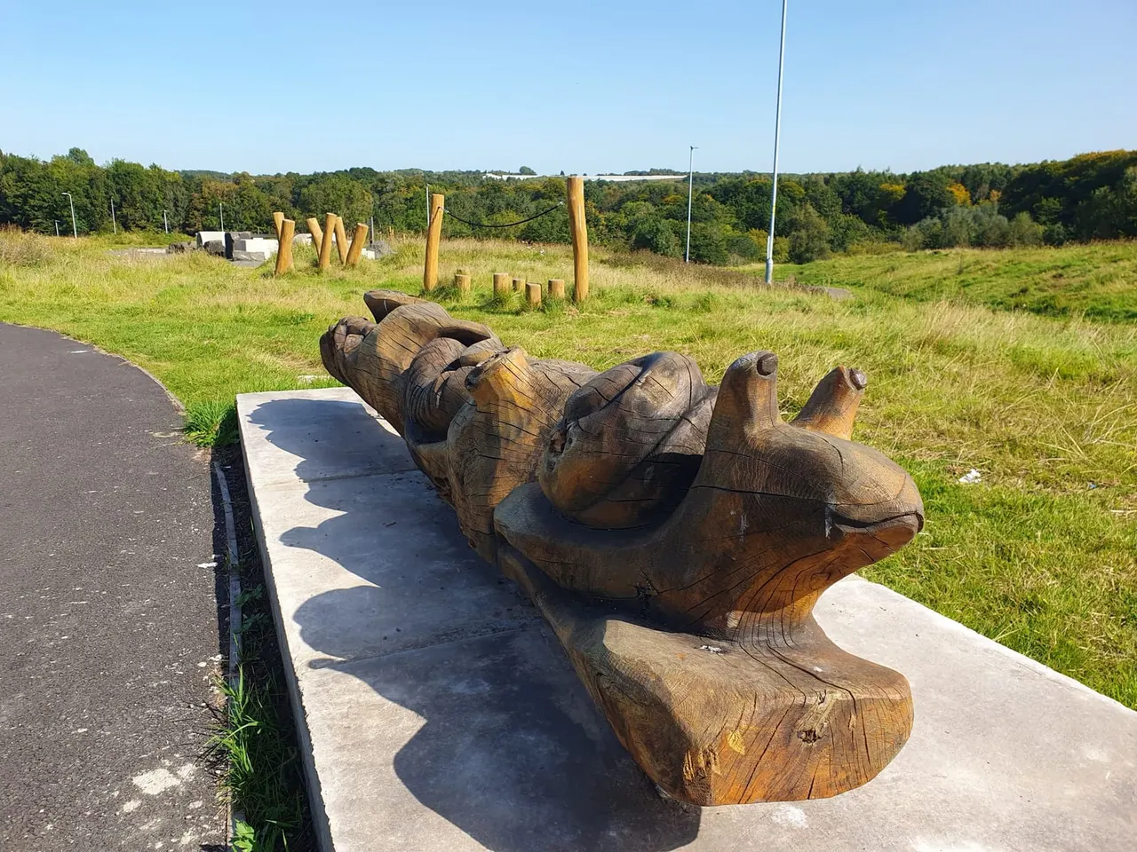 Wooden carved animal sculptures displayed along a path in a grassy park setting with trees in the background.