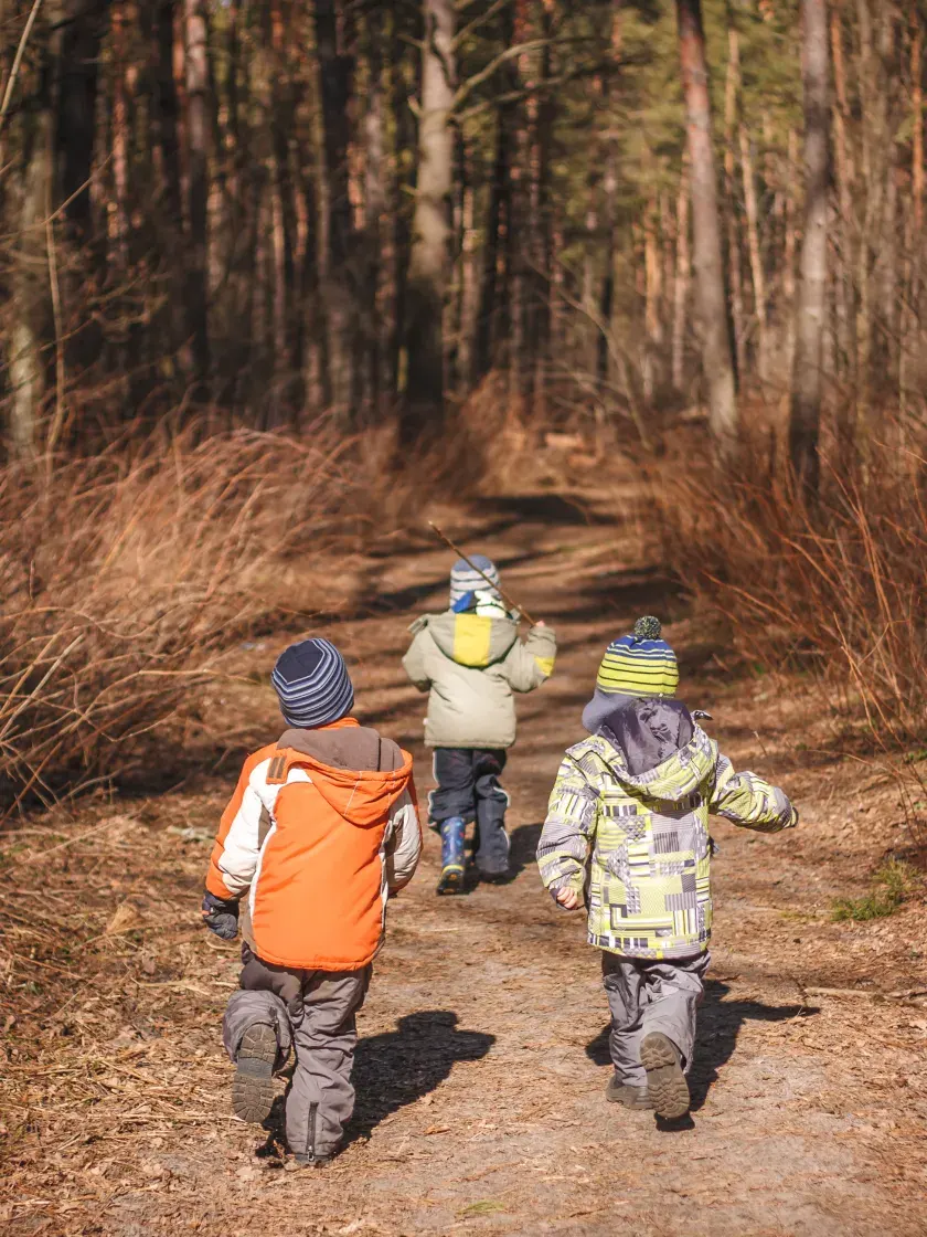 Three young children running away from camera along a woodland path lined with tall trees and dry grasses.