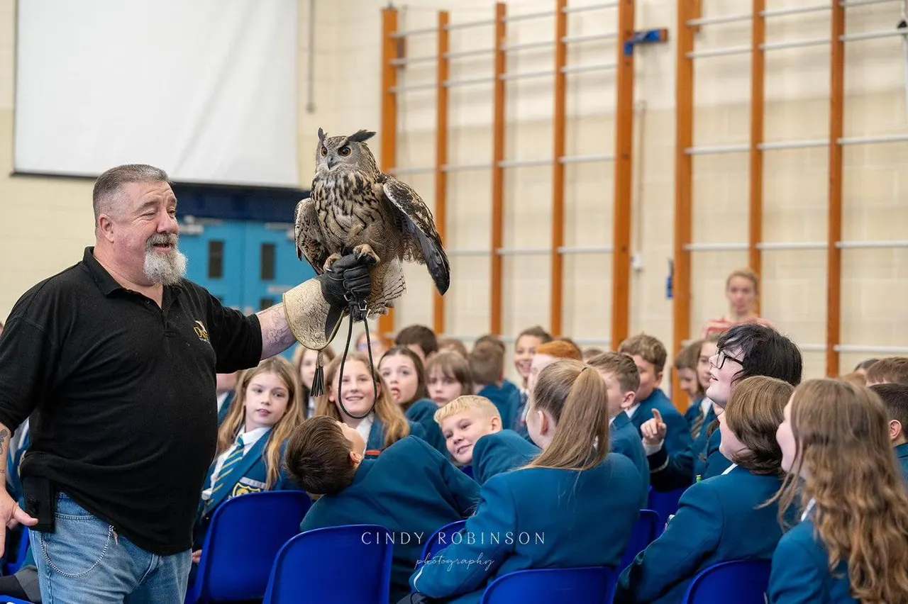 A man in a black shirt holds an owl on his gloved arm whilst schoolchildren in blue uniforms sit watching in an indoor gymnasium.
