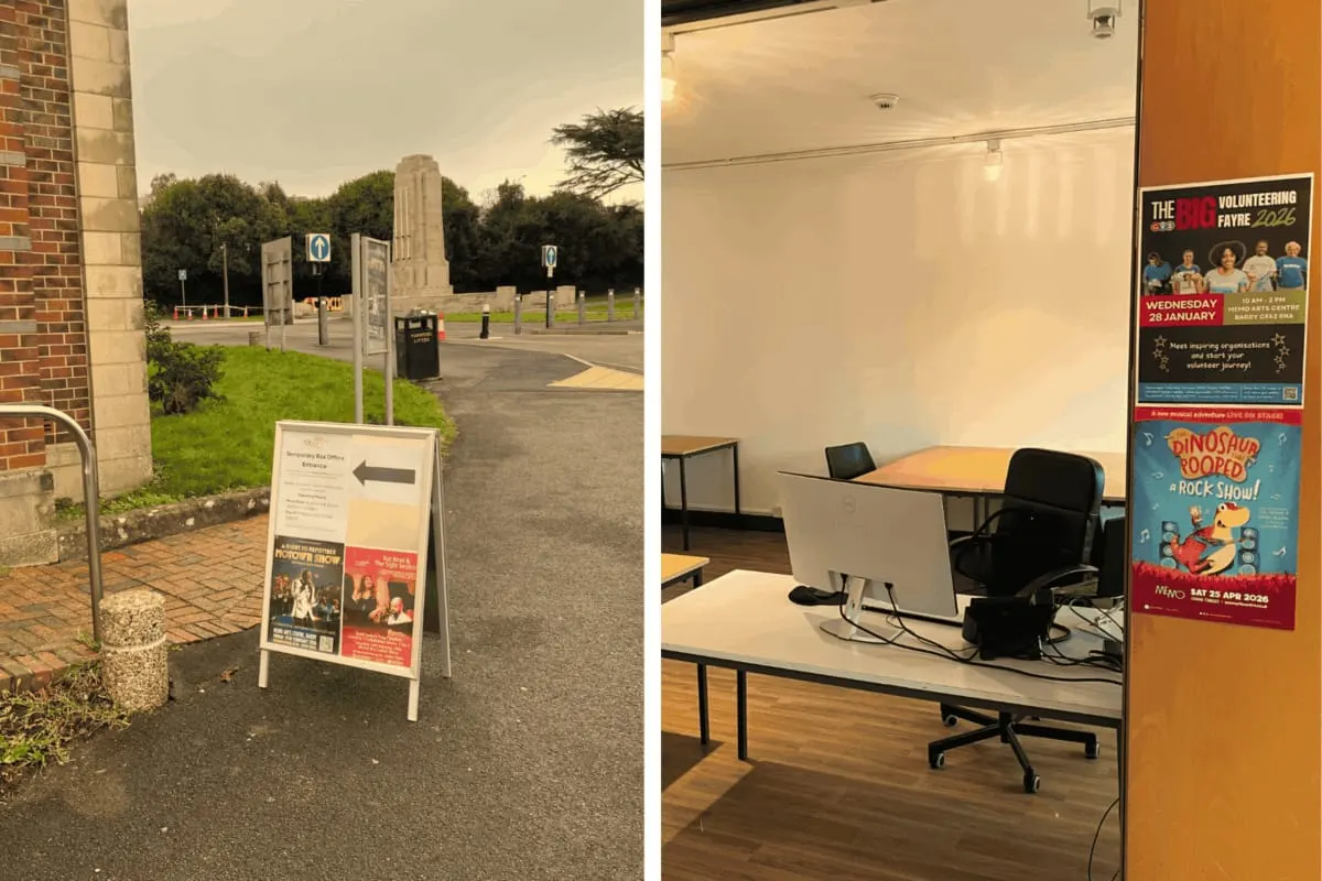 This is a composite image showing two views of Memo Arts Centre Barry: an exterior entrance with directional signage and event posters, and an interior meeting room with tables, chairs and a laptop.
