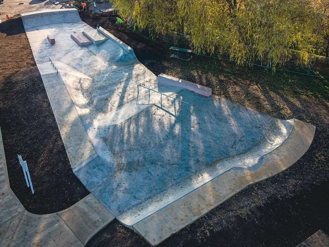 Empty concrete plaza at Pasture Road skatepark Stapleford
