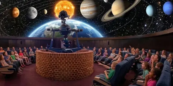Audience members sit in a circular planetarium theatre watching a solar system projection display with planets and stars.