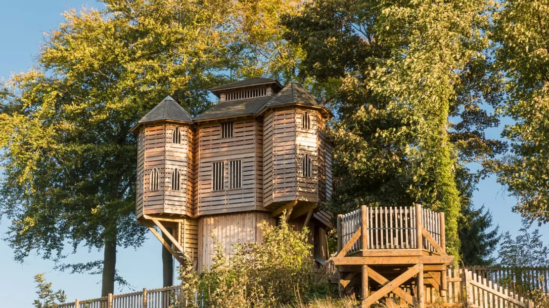 Elevated wooden treehouse with turrets and wraparound platforms nestled among autumn trees with golden foliage.