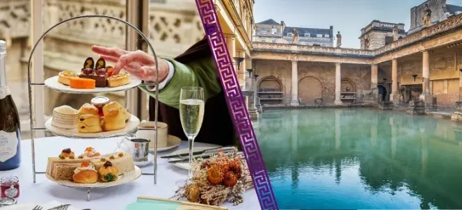 A tiered afternoon tea stand with pastries and fruit beside champagne, overlooking the Roman Baths' thermal pool.