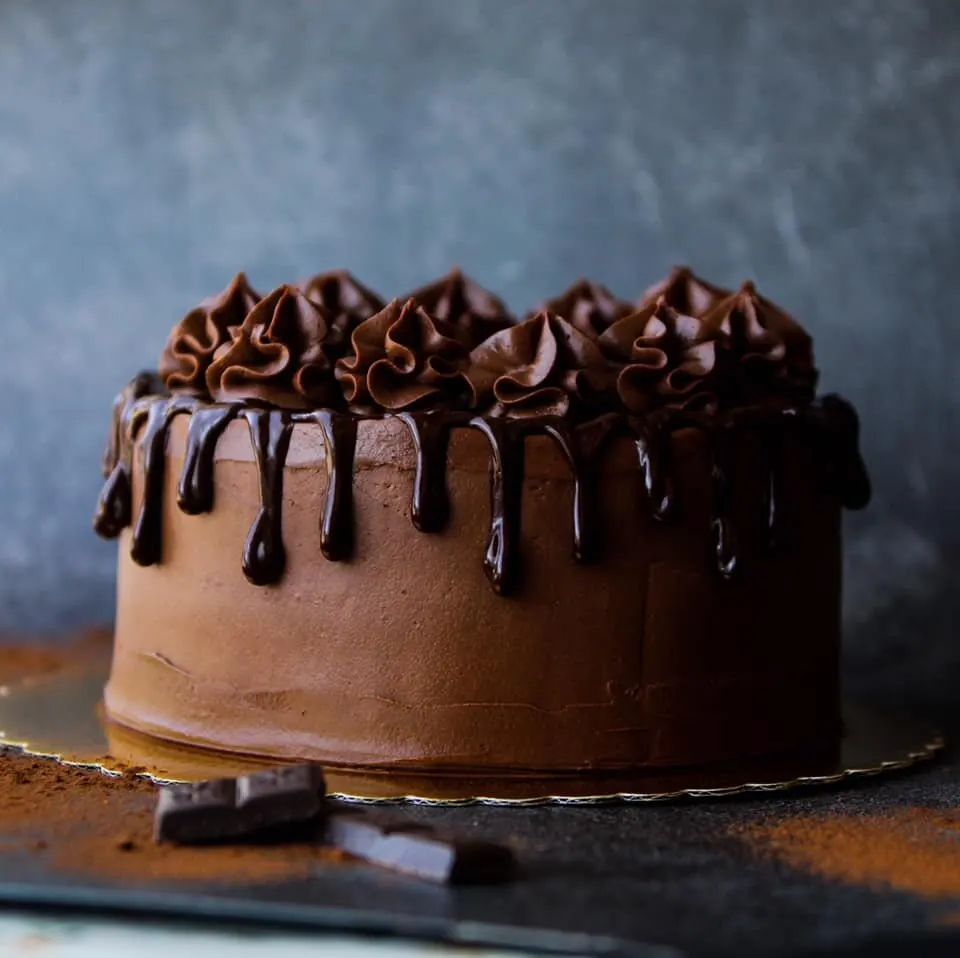 Chocolate cake with piped frosting rosettes and chocolate ganache drip on a dark surface.
