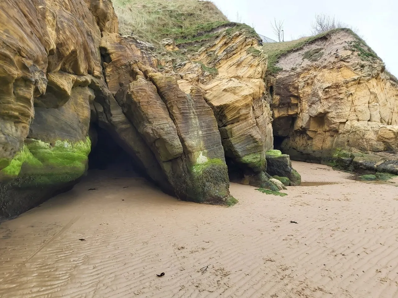 Sandy beach with large layered sandstone rock formations and caves, moss-covered bases visible at low tide.