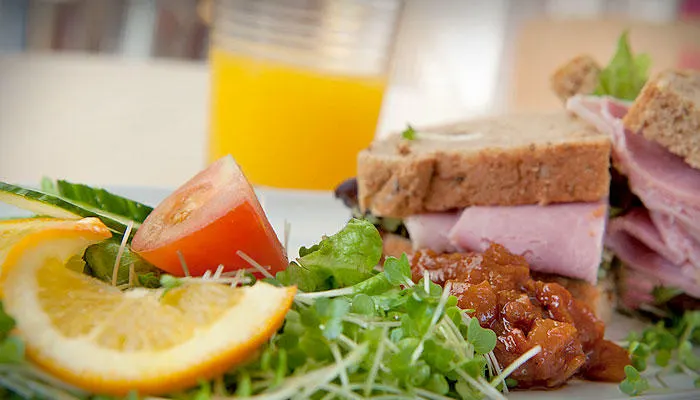Breakfast plate with sandwiches, cured meat, tomato, orange slice and orange juice.