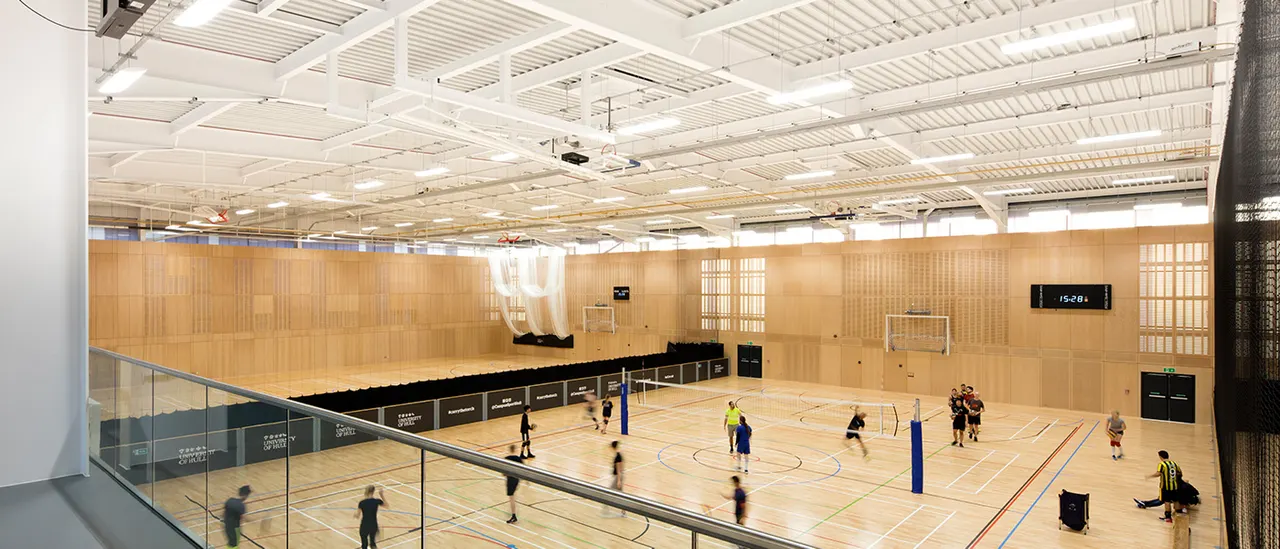 Groups of people playing volleyball in a modern indoor sports hall with wooden flooring and a spectators' gallery.