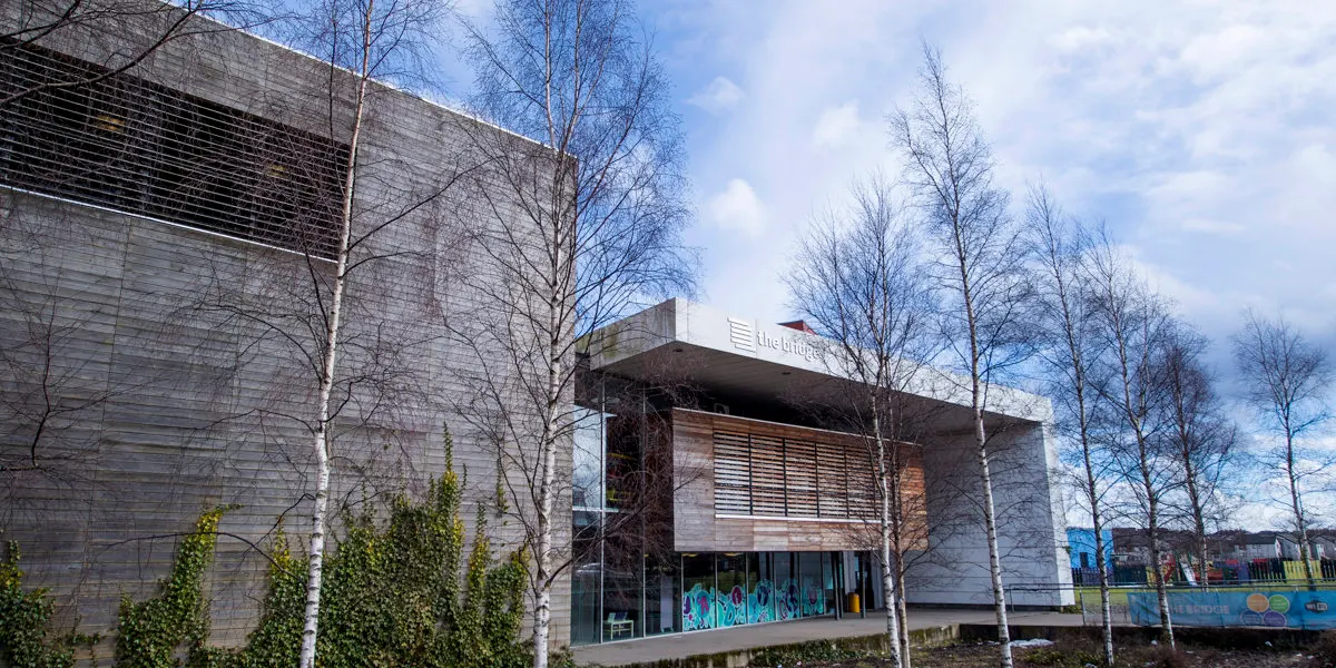 Modern building with grey cladding and large windows, surrounded by bare birch trees in winter.