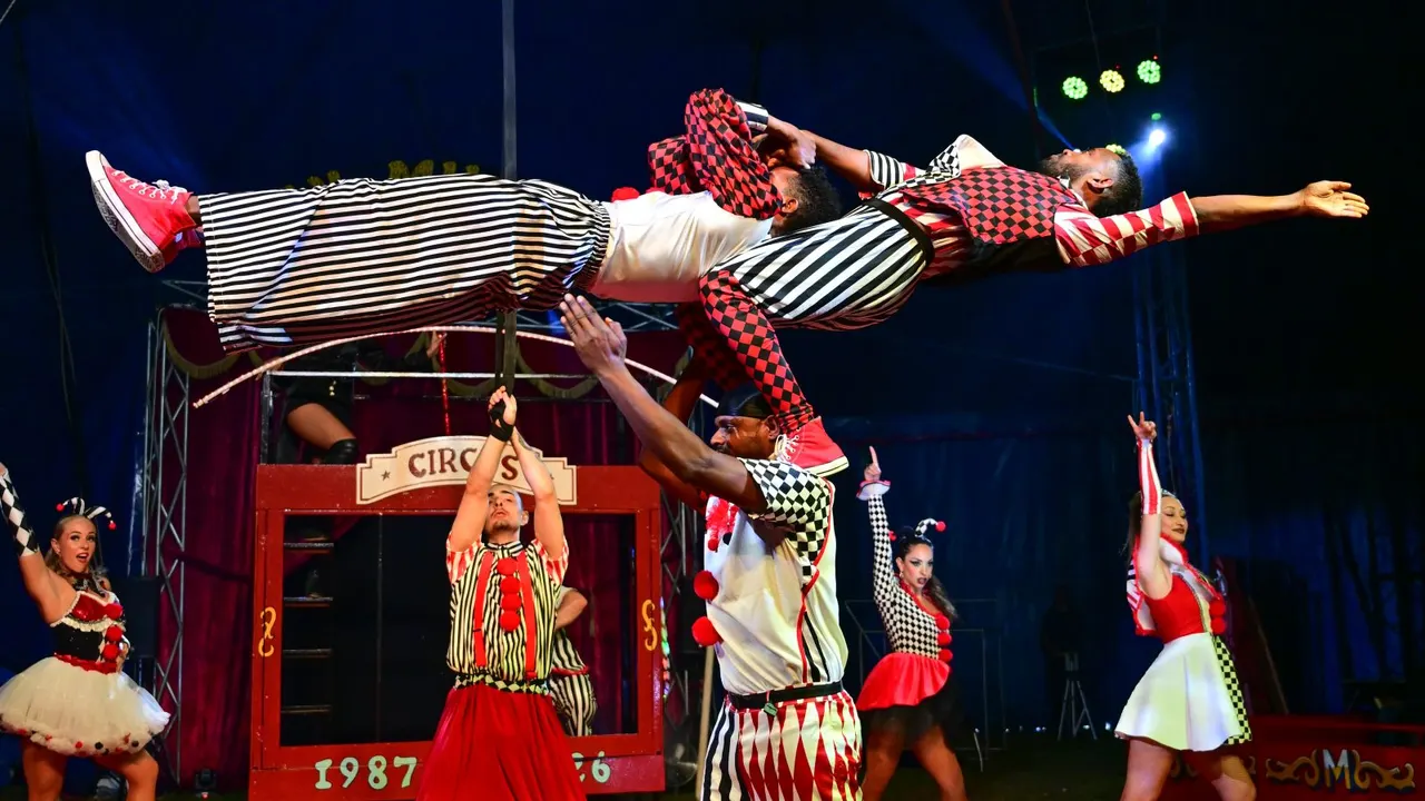 Acrobats in bold red and black costumes perform a flying trapeze act with performers in striped clothing at circus.