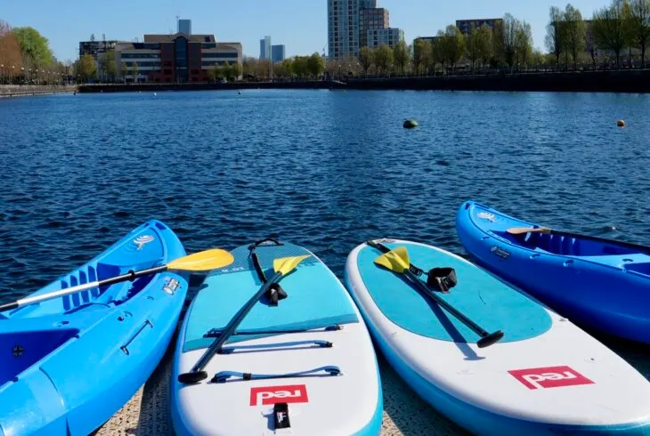 Row of blue and white paddleboards with paddles lined up on a riverbank beside calm urban waterway.