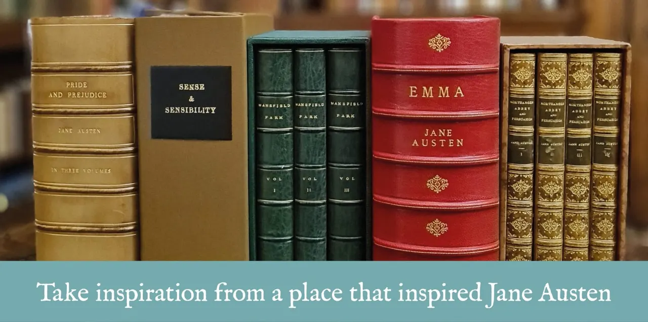 Collection of antique leather-bound books by Jane Austen displayed on a shelf, including Pride and Prejudice, Sense and Sensibility, Mansfield Park and Emma.