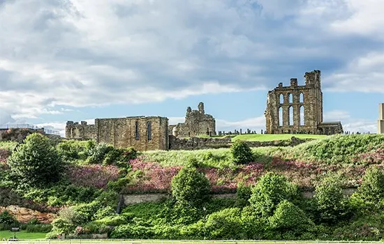 Ruins of a medieval castle and priory with stone walls and towers set among grassy grounds and flowering shrubs.
