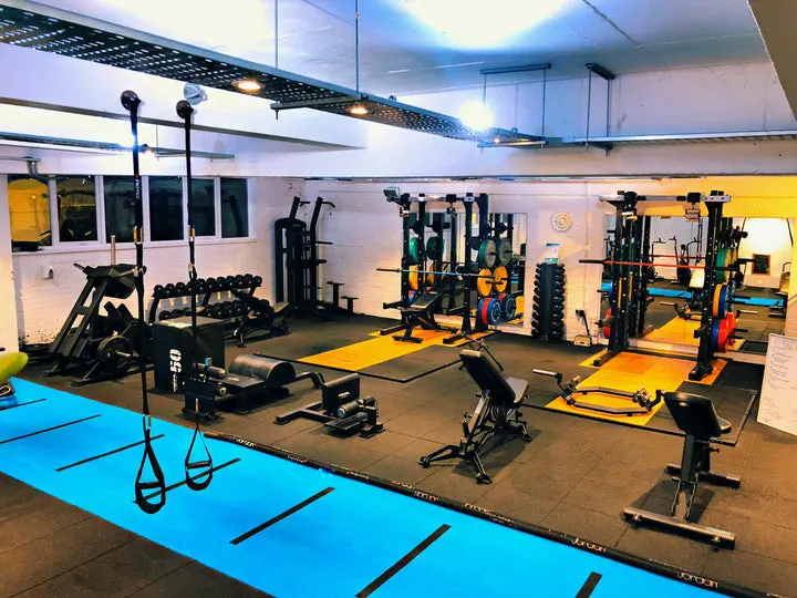 Modern gym interior with exercise equipment, stationary bikes, weights and blue exercise mats.