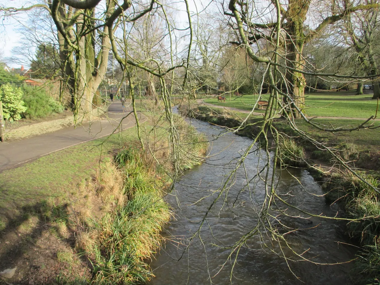 A stream runs through a park beneath overhanging trees with bare branches, with a paved path and open grassland visible beyond.