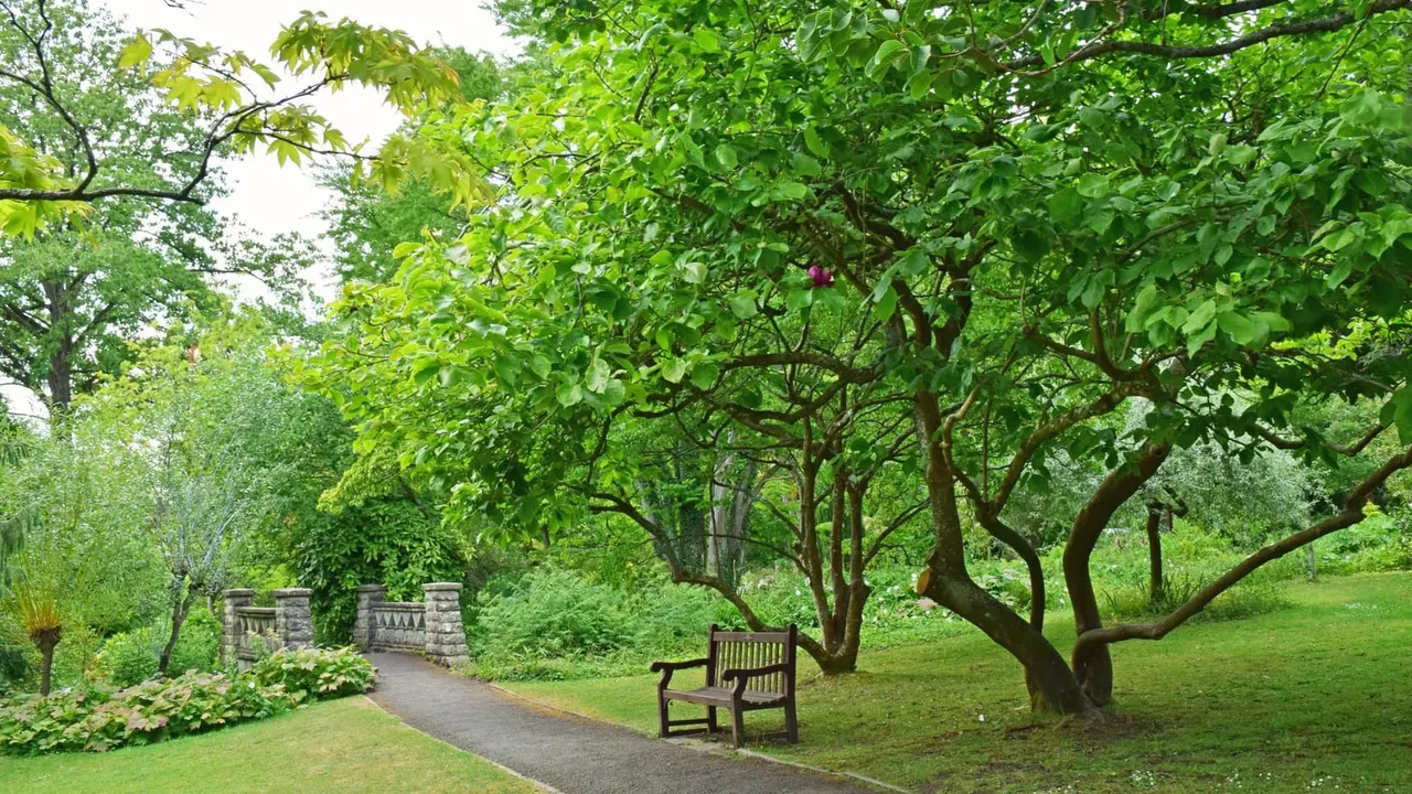 A wooden bench sits beneath mature trees in a lush garden with a curved pathway and stone gateposts beyond.
