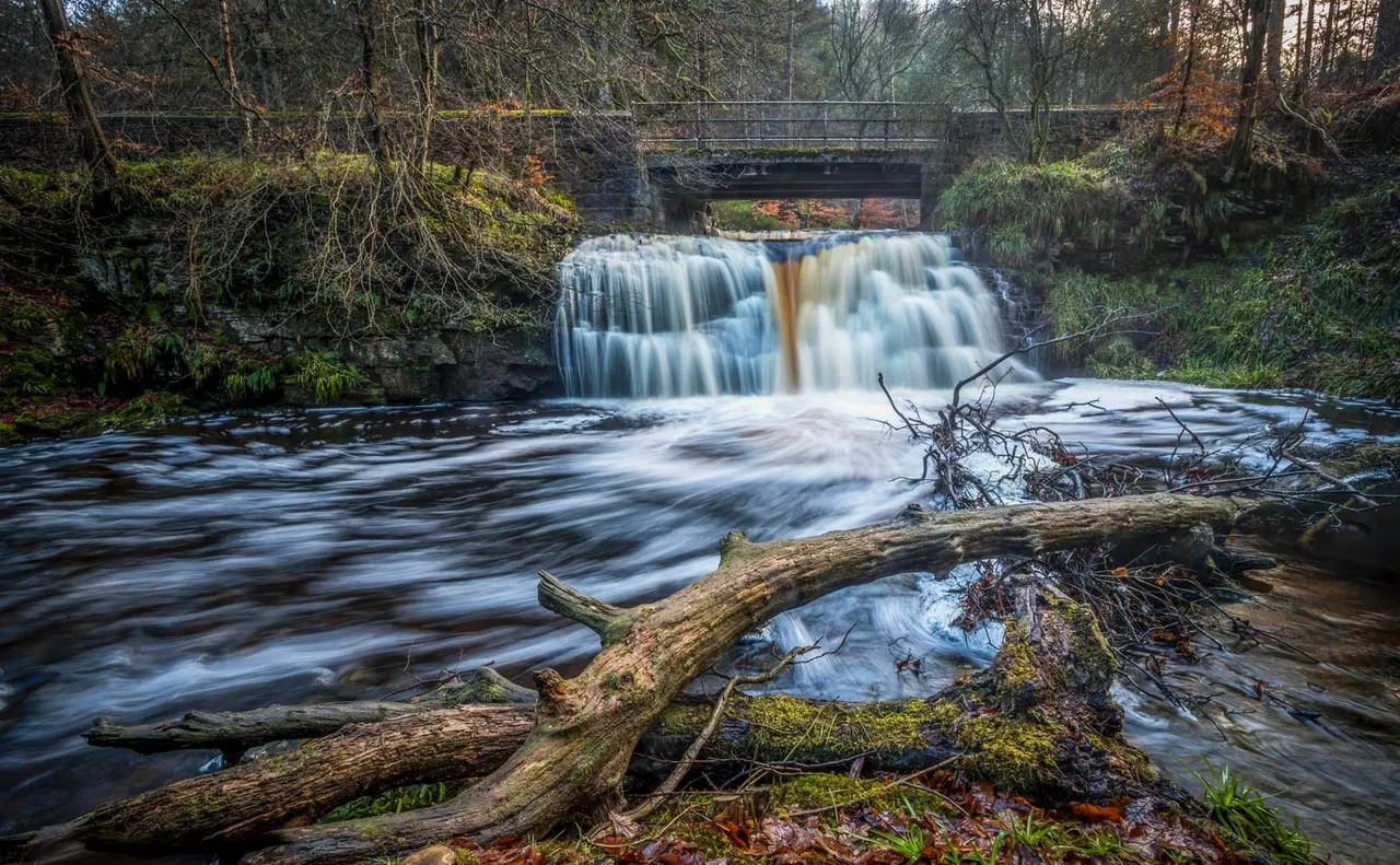 Waterfall cascading over moss-covered rocks beneath a stone bridge in a wooded forest stream setting.