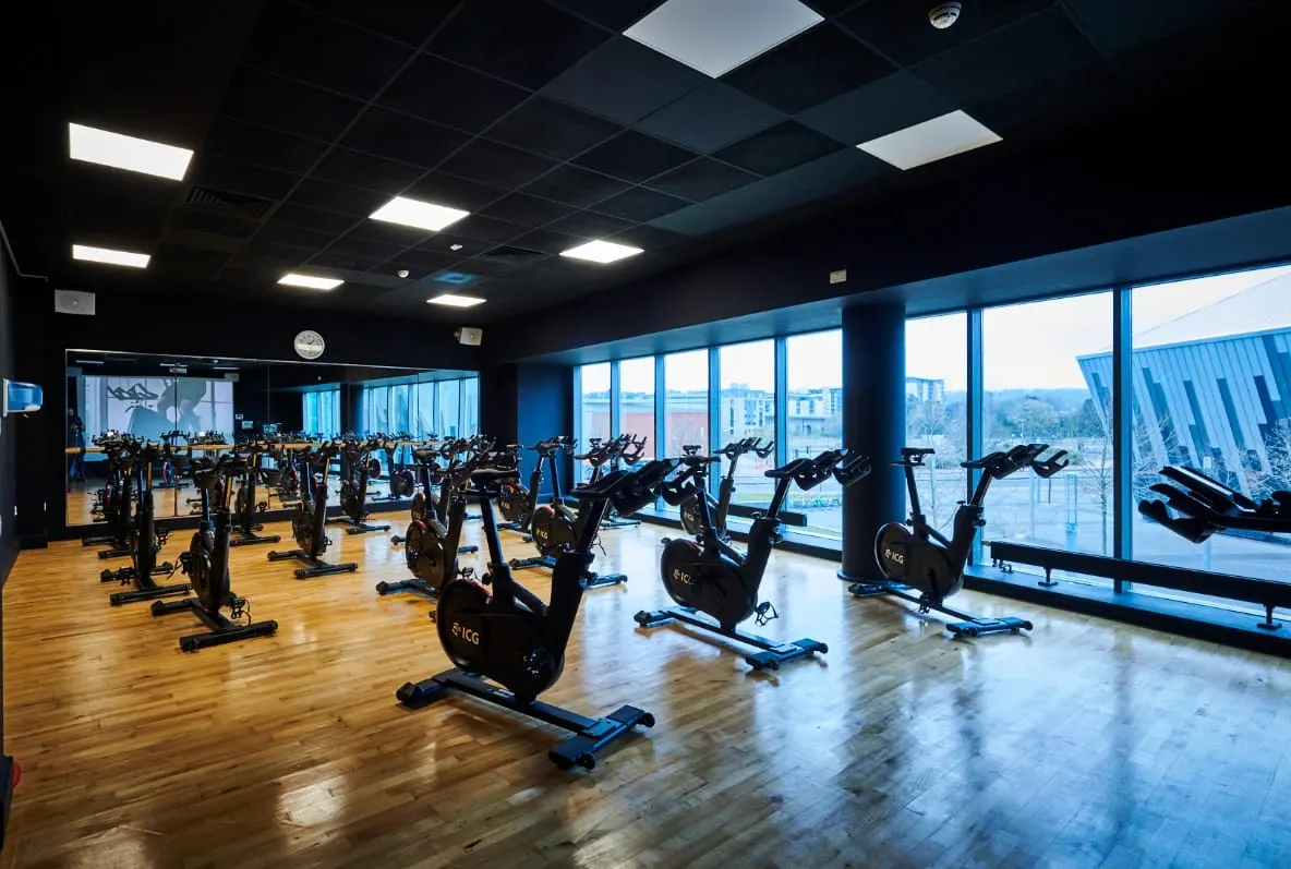 Spacious gym studio with rows of stationary bikes lined up on wooden flooring, floor-to-ceiling windows overlooking a cityscape.