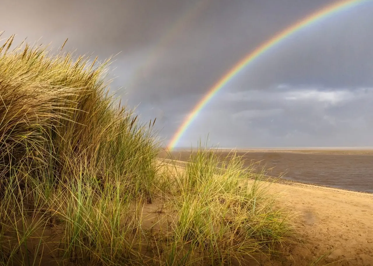 A rainbow arcs across a stormy sky above a sandy beach, with marram grass in the foreground.