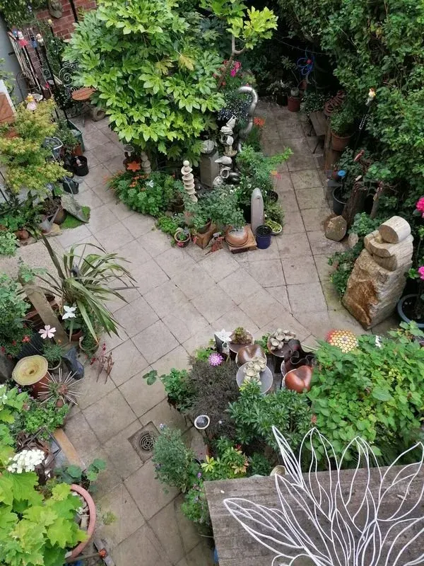Overhead view of a plant-filled courtyard with paved flooring, potted plants, climbing vines, and garden ornaments.