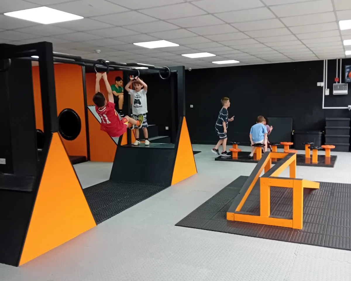 Children playing on obstacle course equipment including climbing rings, balance beams and climbing frames in an indoor activity centre.
