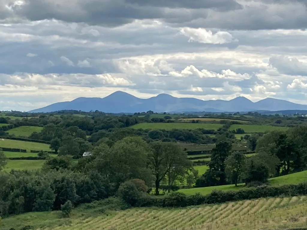 Rolling green countryside with distant mountains, farmland and scattered trees under cloudy sky.