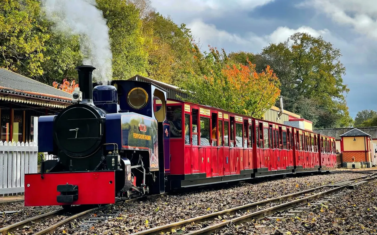 Steam locomotive with red and blue livery pulling red passenger carriages through autumn woodland at heritage railway station.