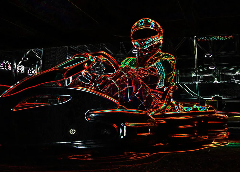 Neon karting scene at Teamworks