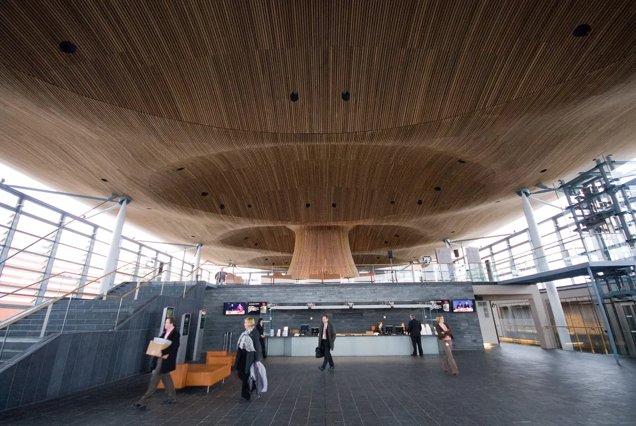 Modern interior of the Senedd with distinctive wooden mushroom-shaped ceiling, reception desk, and visitors walking through the atrium space.