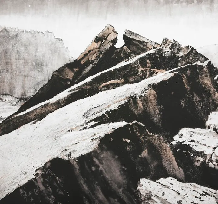 Weathered wooden beams and planks with patches of snow in a desolate, industrial landscape.