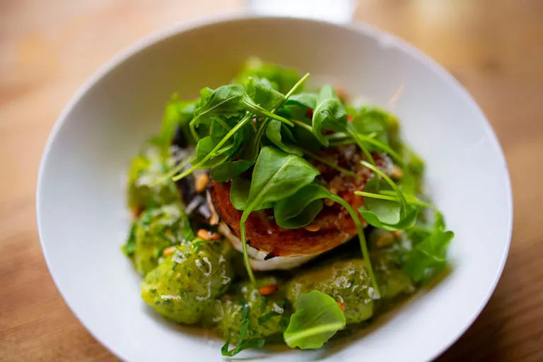 A plated dish with seared scallop topped with microgreens and pea shoots on a bed of green vegetables.