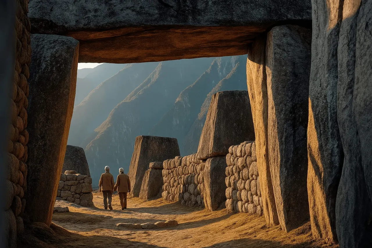 Two visitors walk through massive stone walls and structures with mountains visible beyond at an ancient Incan site.