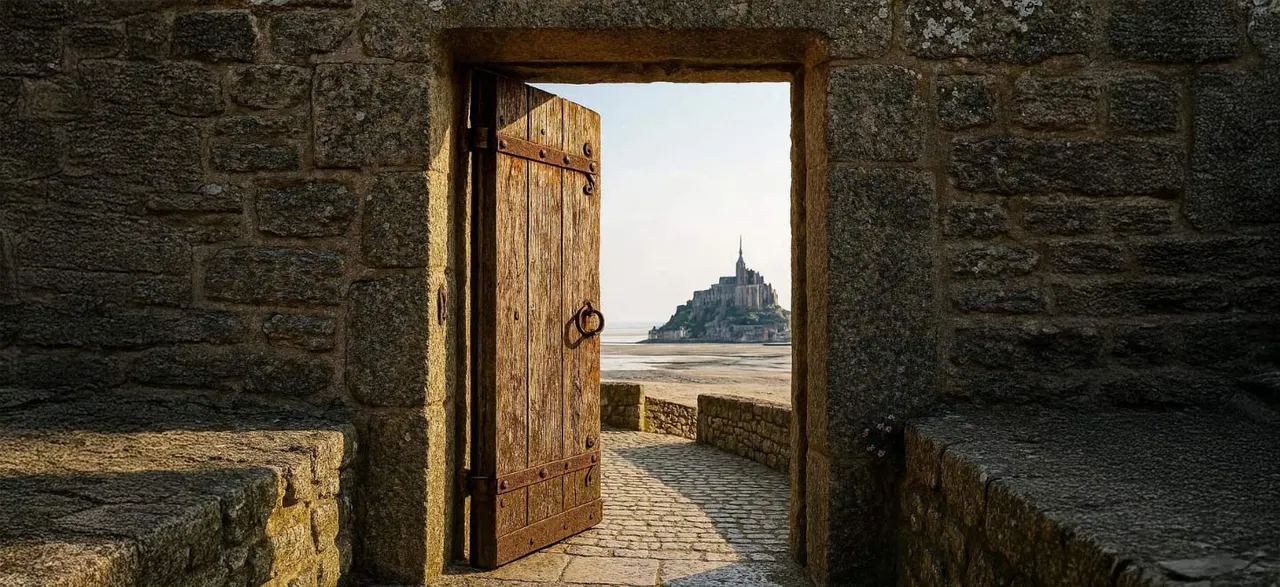 View through an open wooden door in a stone fortification towards a distant castle on a tidal island across mudflats and water.