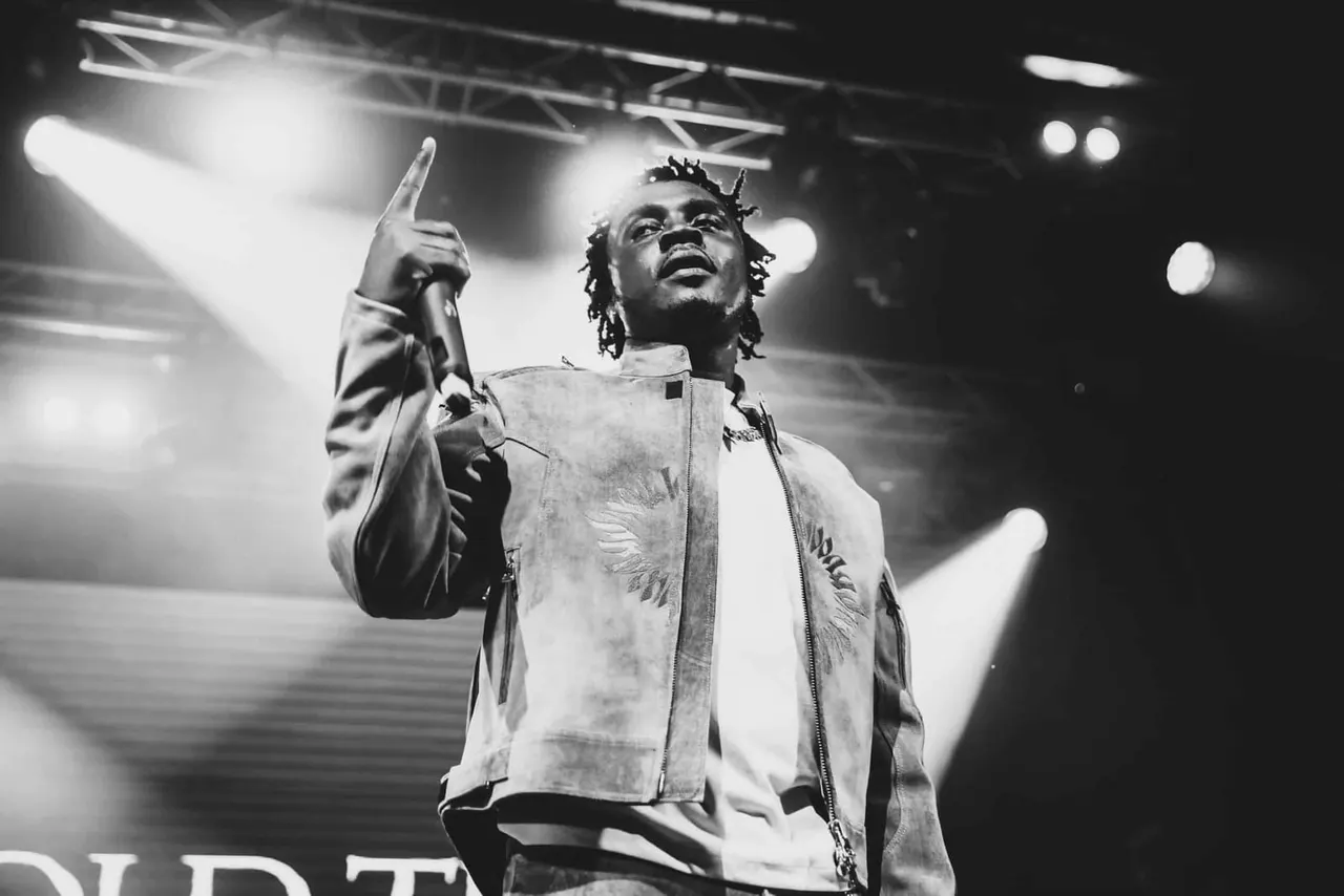 Performer on stage under spotlights, pointing upward whilst singing into a microphone at a concert venue.