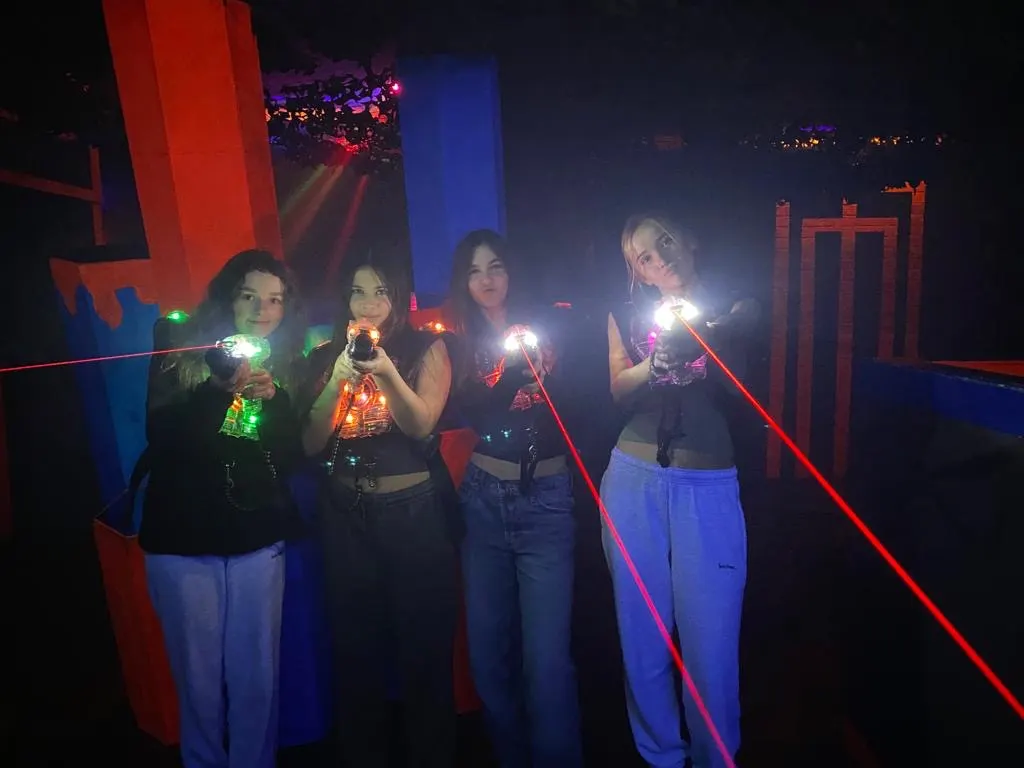 Indoor laser tag arena interior with multi-level structures