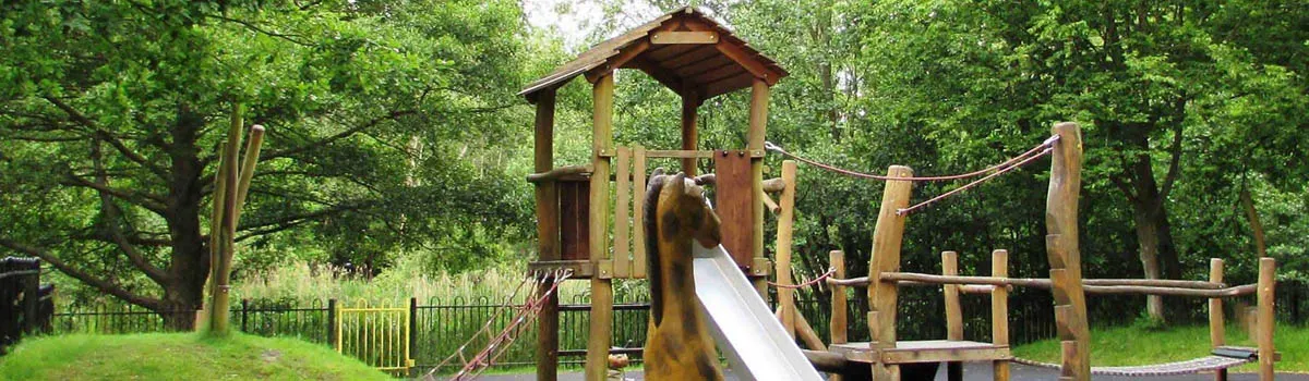 Wooden play structure with slide and climbing equipment in a green woodland setting.