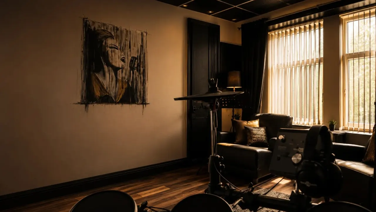 A music recording studio with drum kit in foreground, black leather seating, piano, and portrait artwork on the wall.