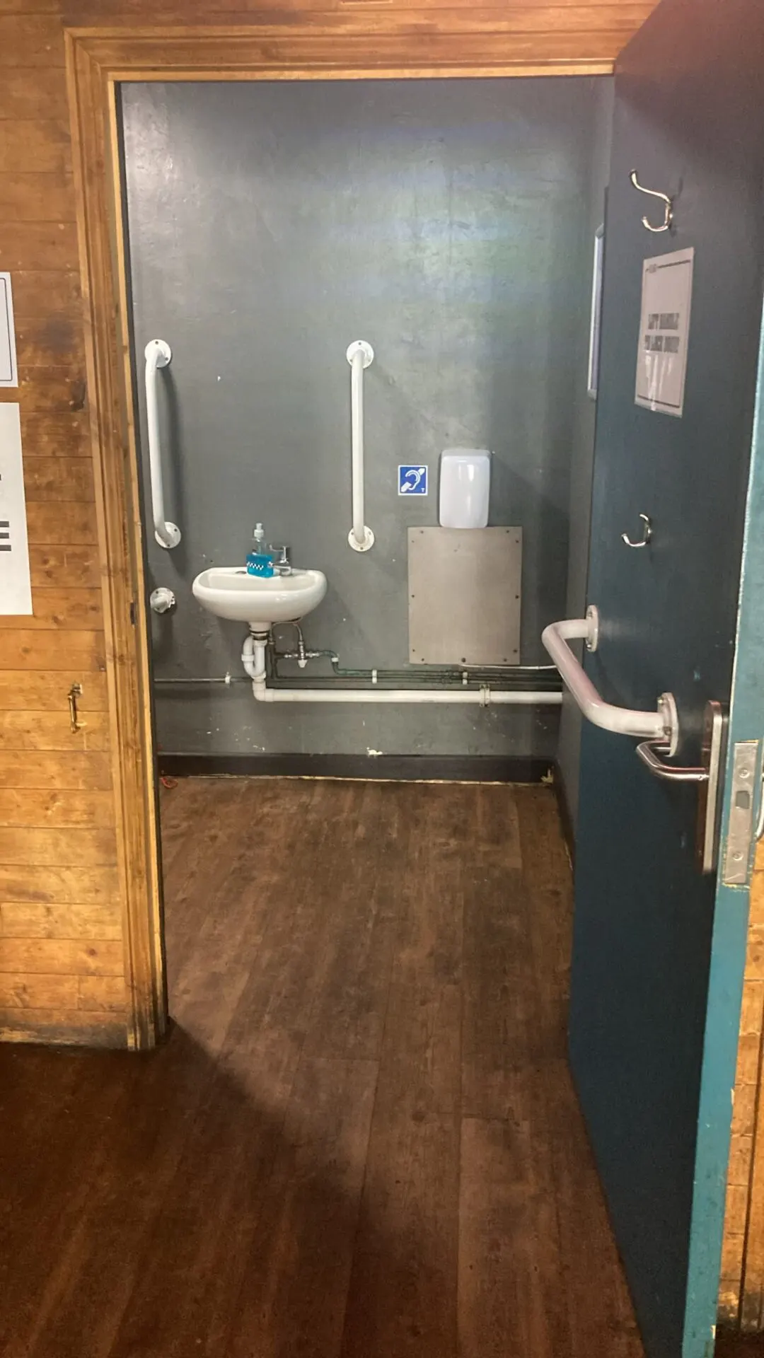Accessible toilet cubicle with grey walls, sink, grab rails, paper towel dispenser and wheelchair symbol on door.