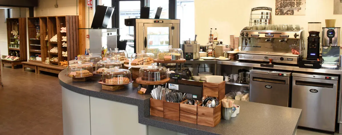 Modern café counter with pastries in glass displays, espresso machine, and serving equipment in a bright, contemporary space.