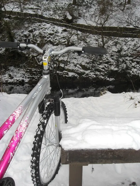 A bicycle with pink and white frame rests against a snowy wooden bench in a winter woodland setting.